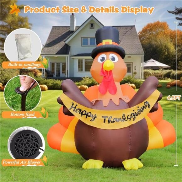 Thanksgiving Inflatables Turkey Outdoor Decorations with Built-in LED - Picture 3 of 7